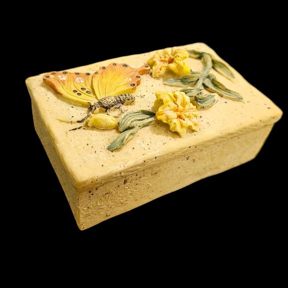 Vintage Resin Trinket Box Butterfly Floral Relief Carved Yellow Beige Rectangle - Picture 1 of 6